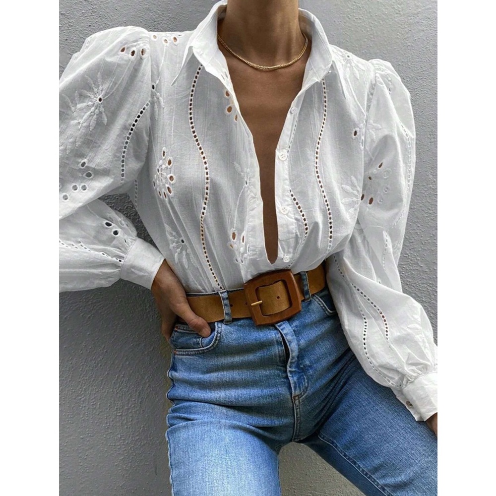 White Boho Eyelet Shirt, French Style Collar Button Front, Eyelet Embroidery - Picture 12 of 14